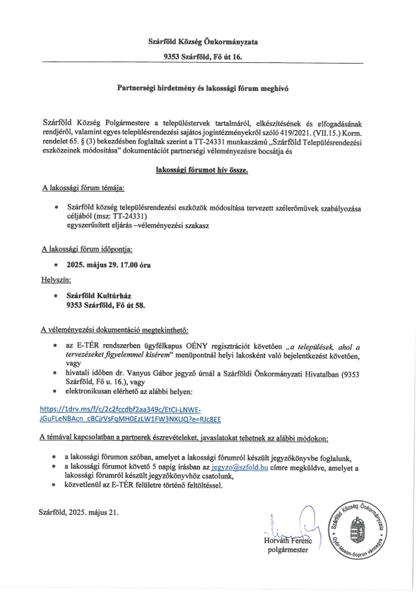 Szárföldi Szélerőműpark - Partnerségi Egyeztetés